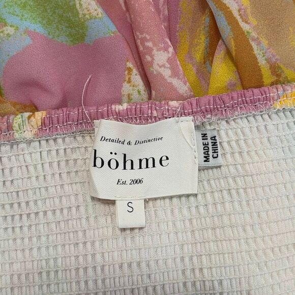 Böhme Smocked Floral Mini Dress Small Pastel Long Sleeve Boho Tiered - Picture 4 of 6